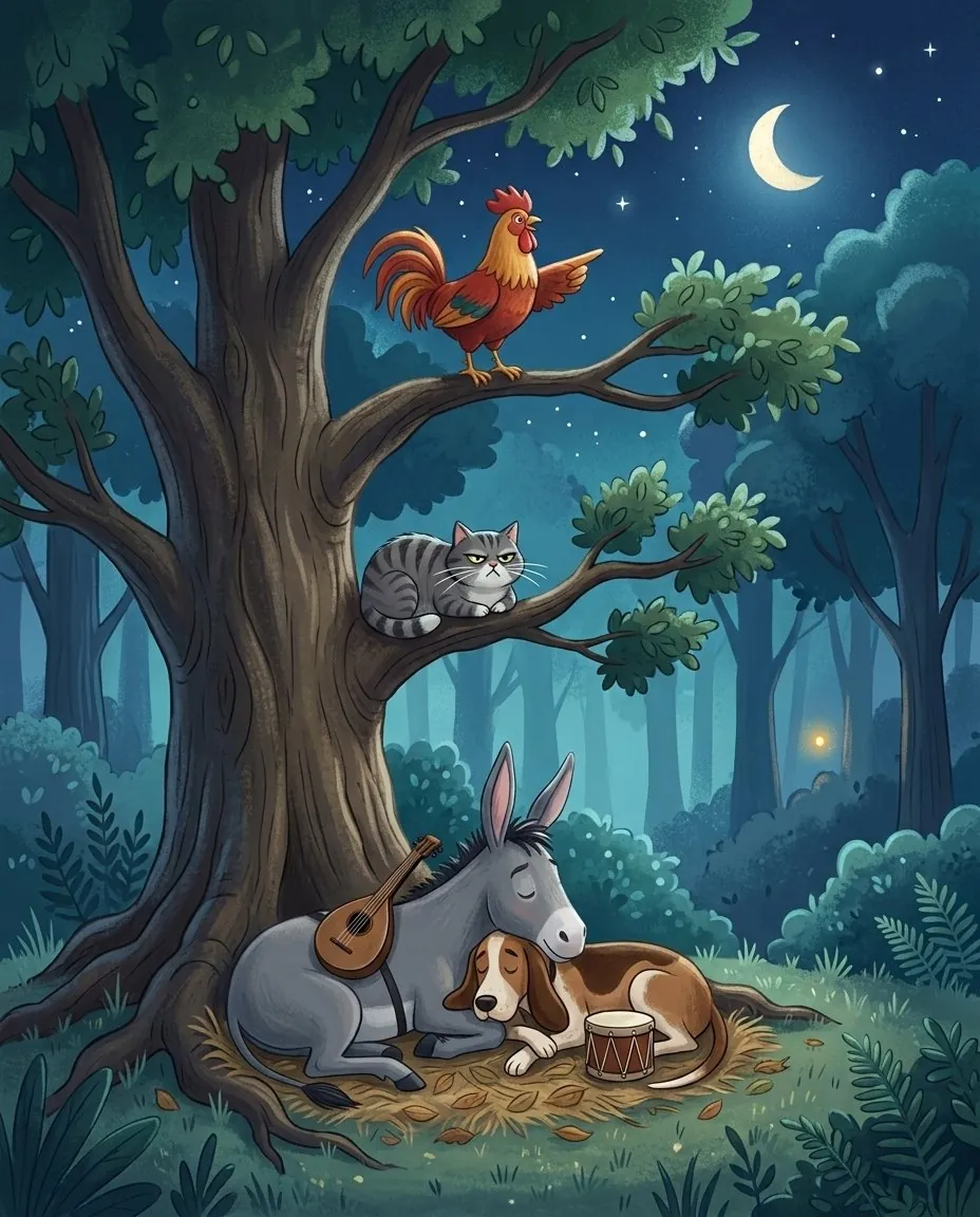La nuit, dans la forêt, le coq perché en haut de l'arbre aperçoit une petite lumière, tandis que l'âne et le chien sont couchés au pied de l'arbre