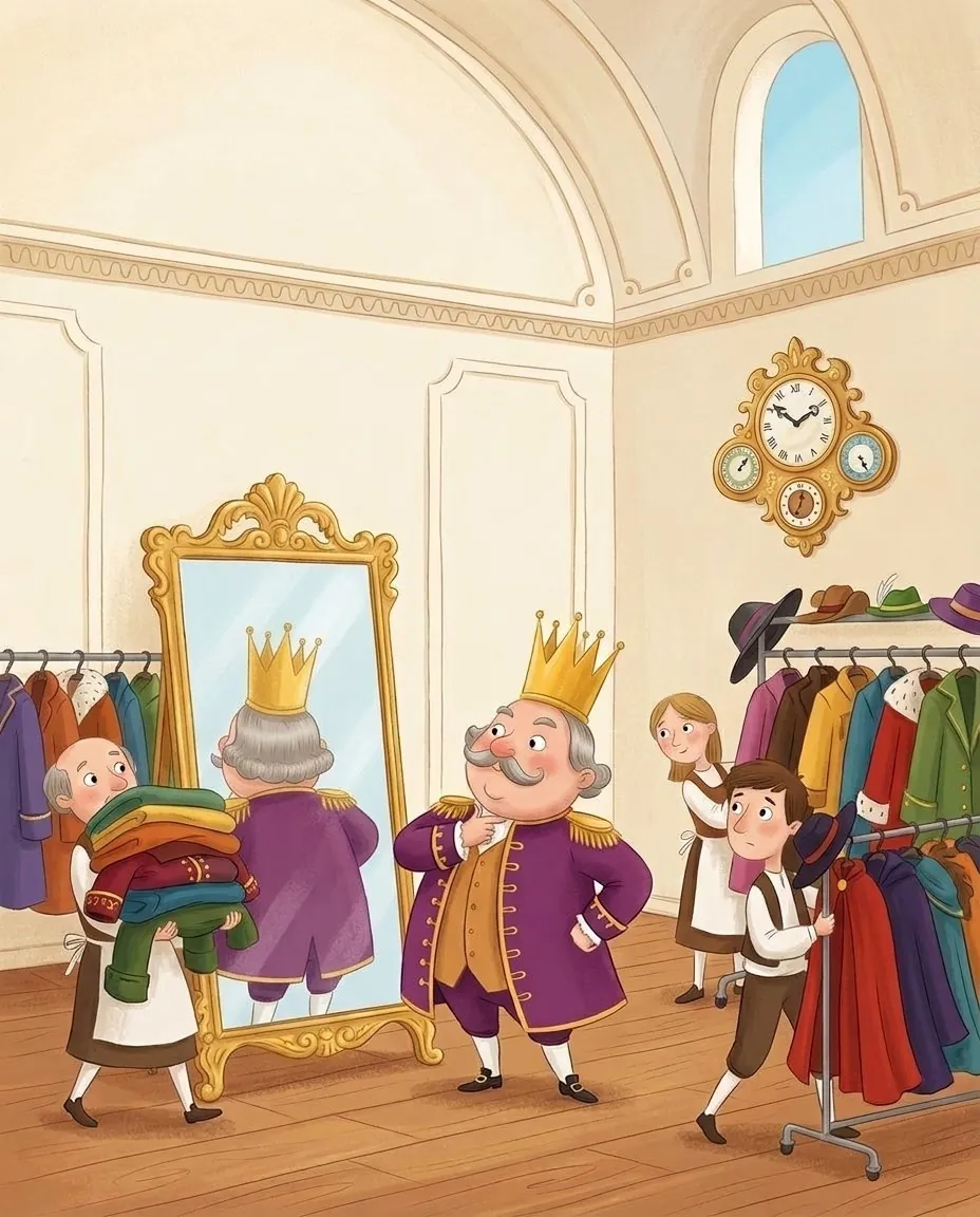 L'empereur s'admire fièrement dans un miroir, entouré de longues rangées d'habits de toutes les couleurs