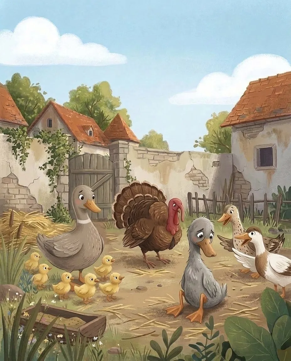 Un dindon tout gonflé et des canards se moquent du caneton gris