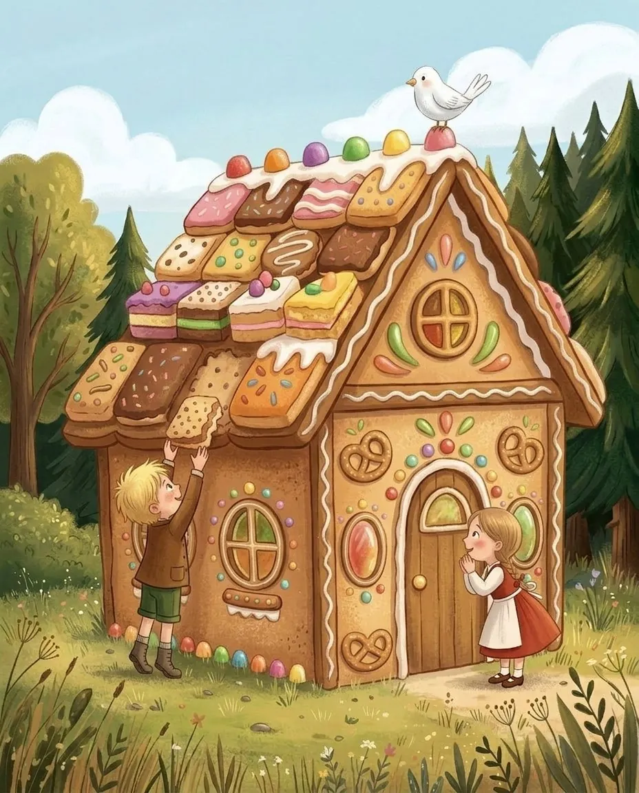 Hansel et Gretel grignotent le toit et les fenêtres de la maisonnette sucrée en pain et en gâteau