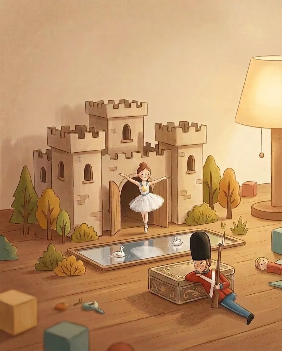 Une danseuse de papier se tient sur une jambe devant un château de papier, et le soldat la regarde de derrière une tabatière