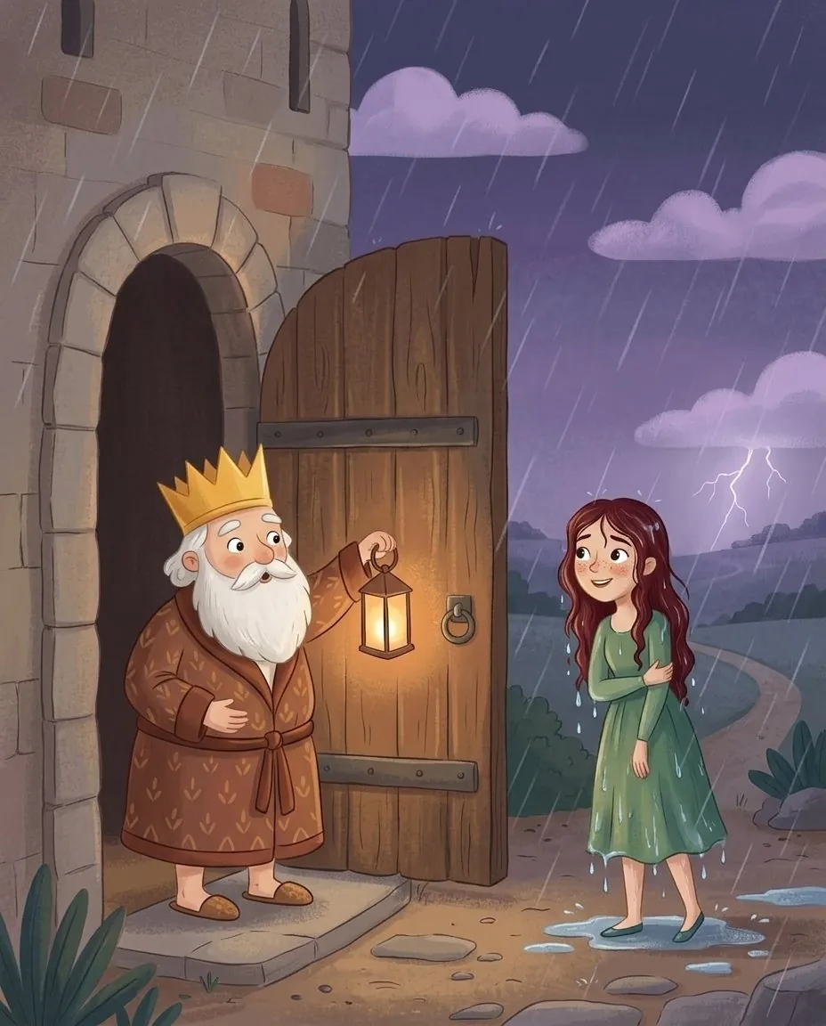Une princesse trempée se tient sous la pluie devant la porte de la ville, et le vieux roi lui ouvre