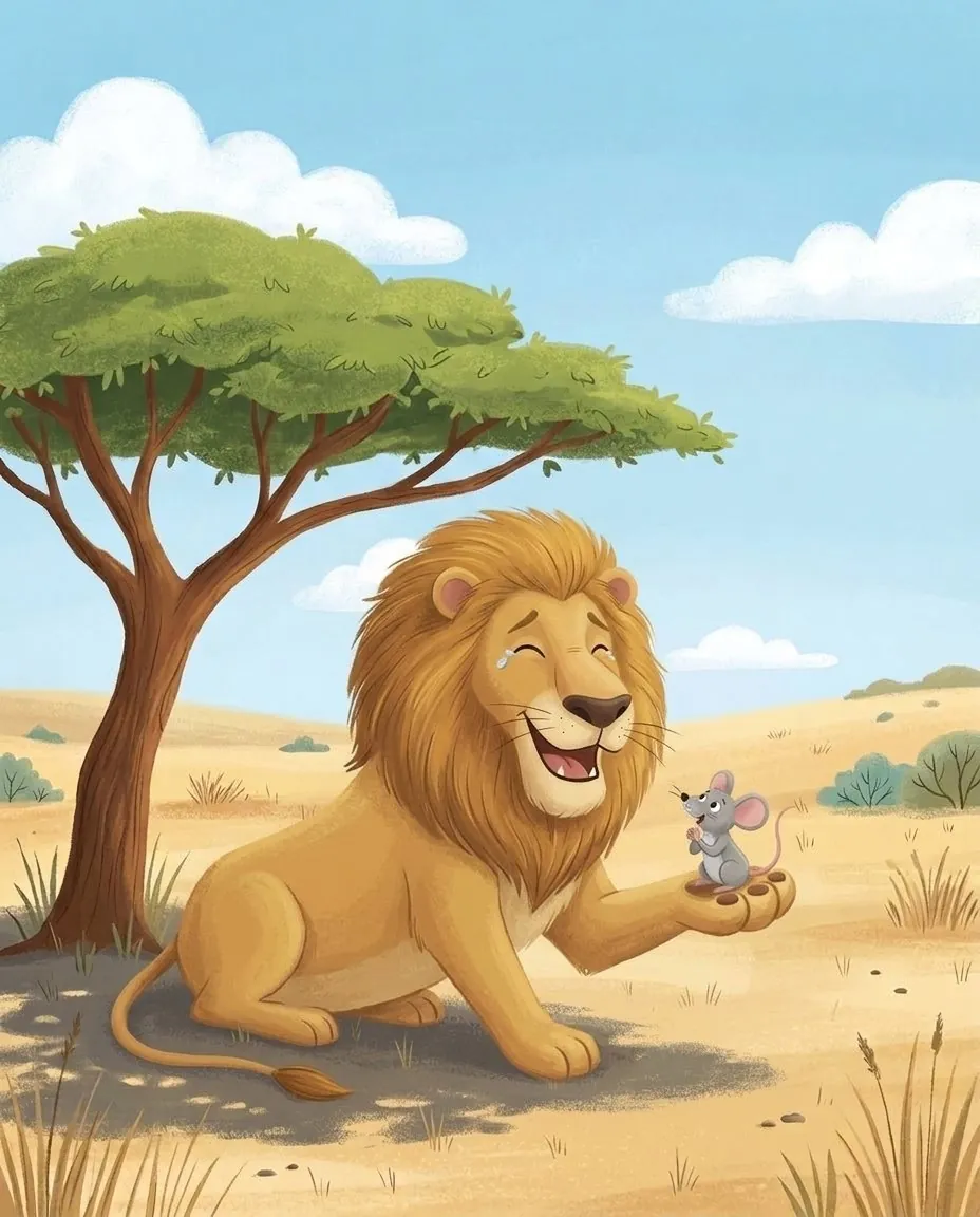 Le lion tient le petit rat dans sa patte et rit à gorge déployée