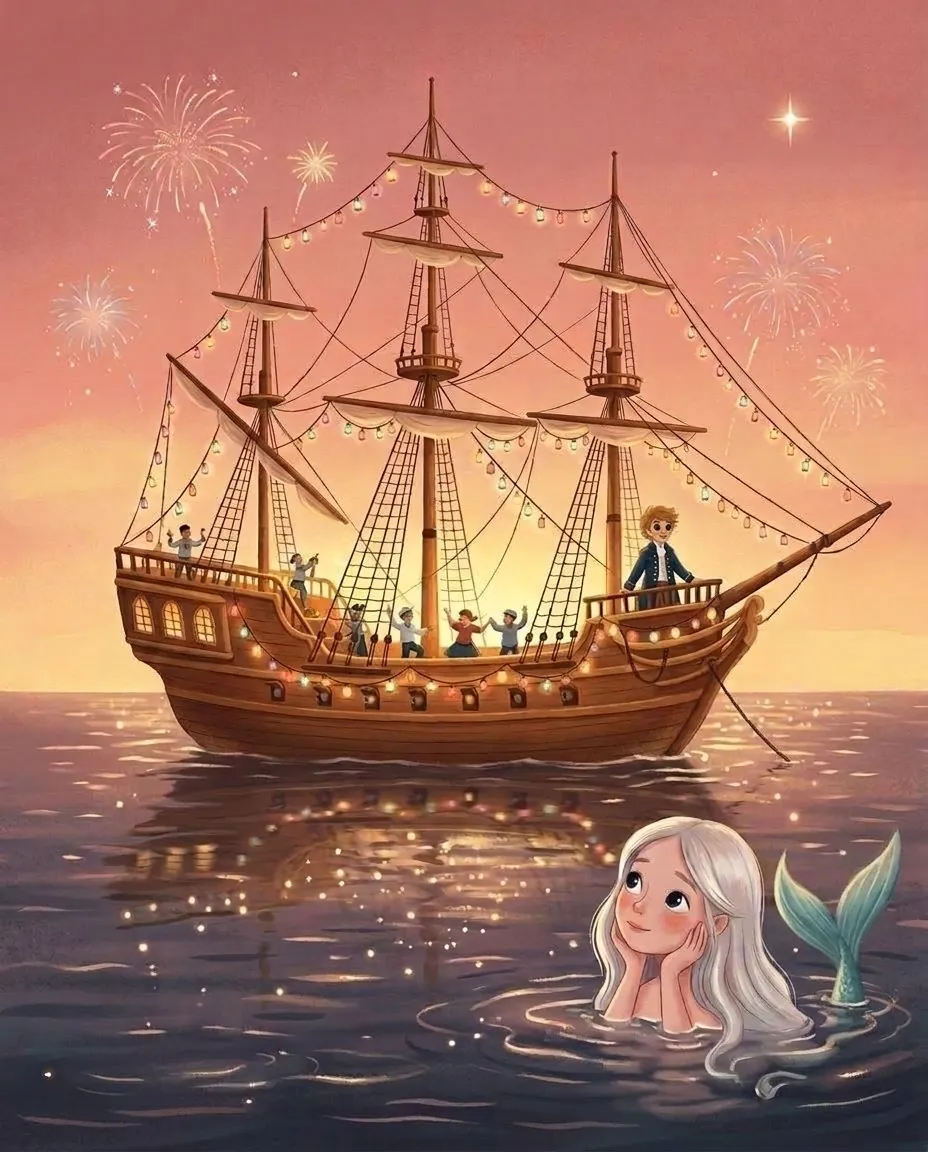 Depuis l'eau, la petite sirène regarde un navire décoré de lanternes de toutes les couleurs, sous un feu d'artifice