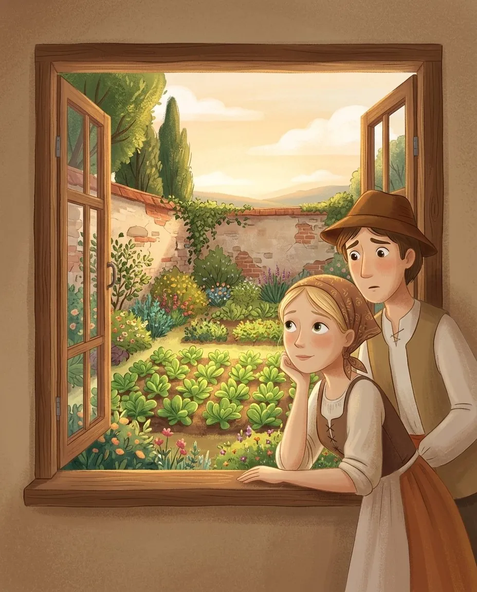 Une femme regarde par une petite fenêtre un jardin magnifique derrière un haut mur, plein de fleurs et de raiponces bien vertes