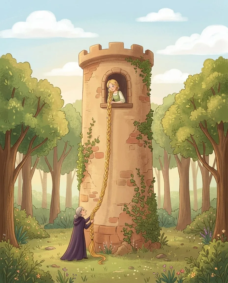 Raiponce laisse tomber ses longues tresses d'or par la petite fenêtre d'une haute tour, et la magicienne attend en bas