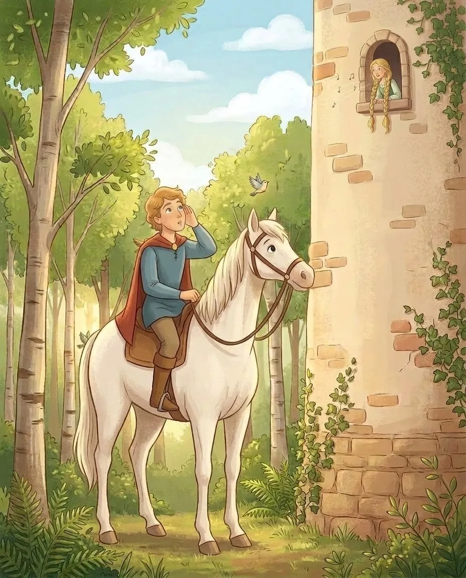 Le fils du roi s'arrête sur son cheval entre les arbres et écoute le chant qui vient de la tour