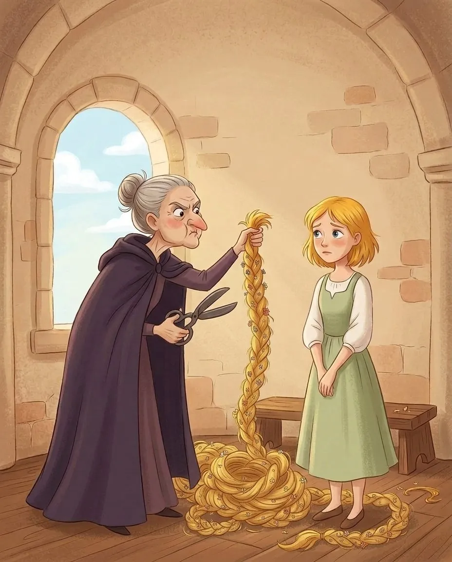 La magicienne en colère tient à la main les tresses d'or coupées, et Raiponce la regarde tristement