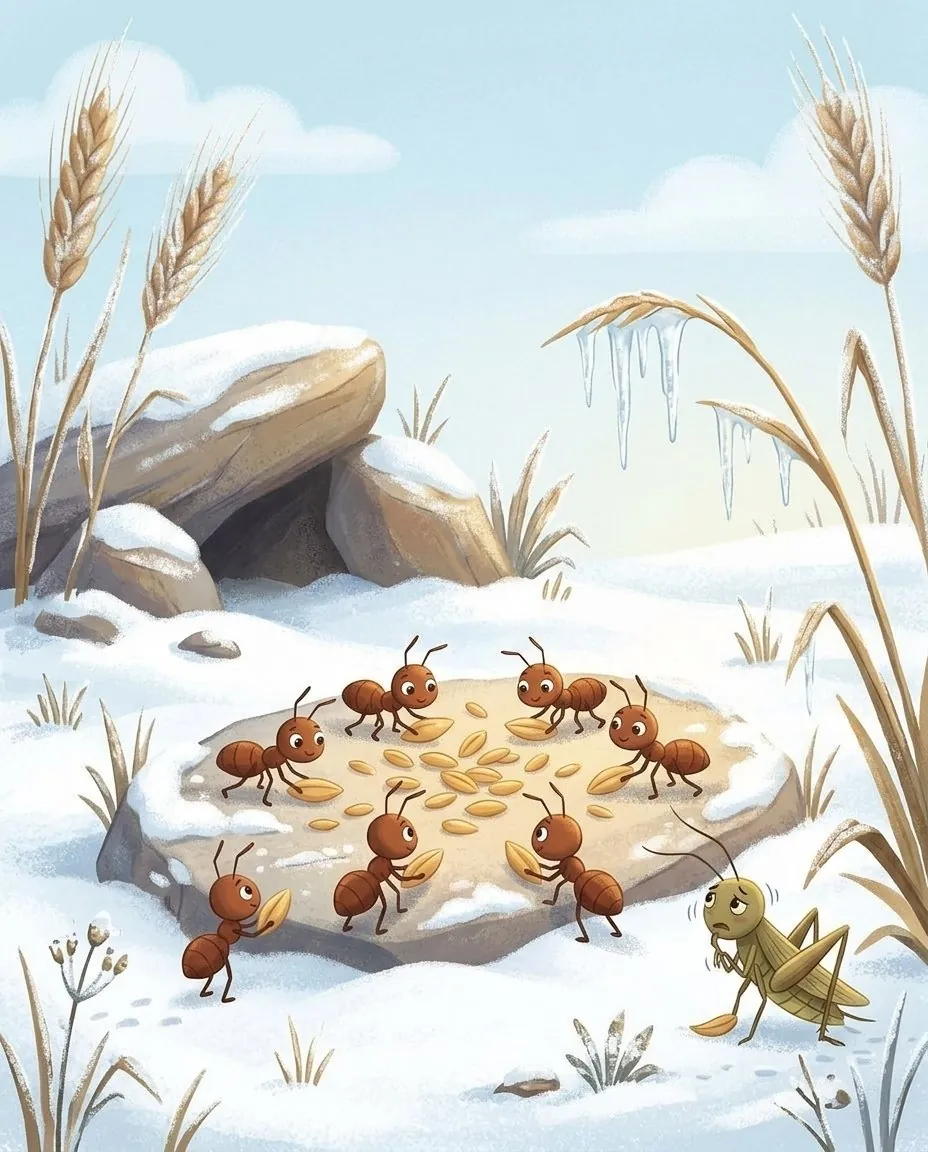 Sur une pierre plate, les fourmis font sécher leurs grains au milieu d'une prairie couverte de neige