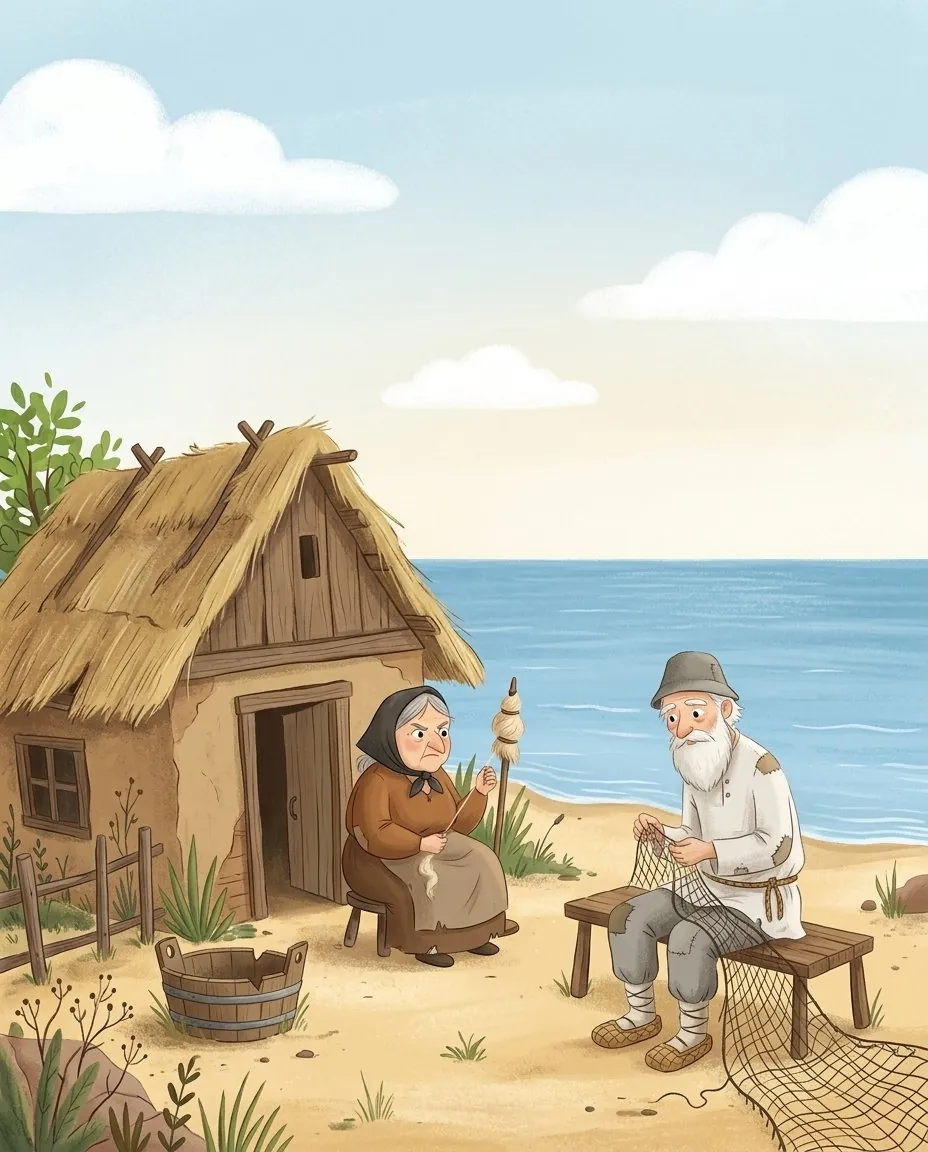 Un vieil homme et une vieille femme devant leur pauvre cabane au bord de la mer, avec devant eux un baquet fendu