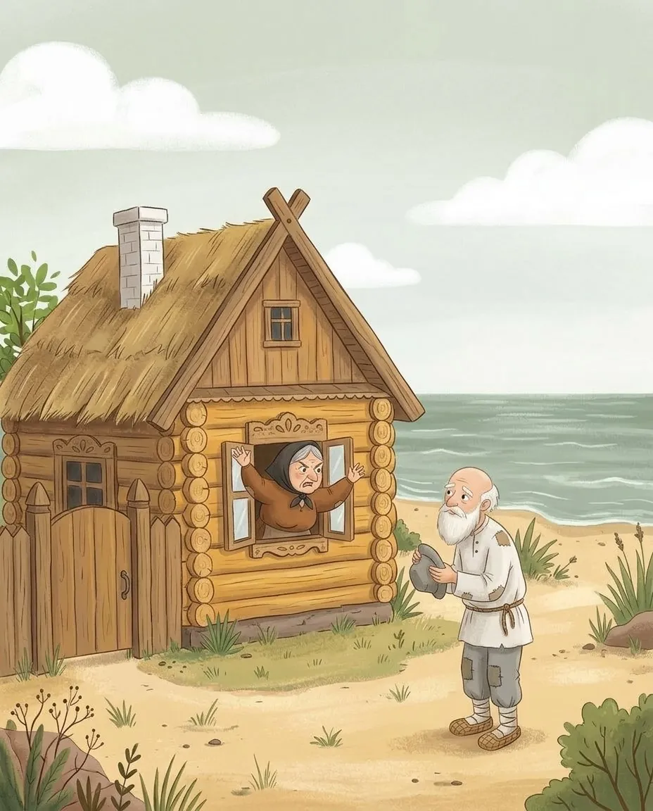La vieille gronde par la fenêtre de la nouvelle maison de bois, et le vieux se tient en bas, son chapeau à la main