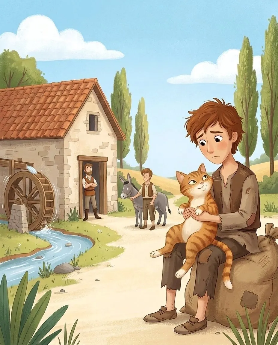 Trois frères devant un vieux moulin, le plus jeune tient tristement dans ses bras un chat roux