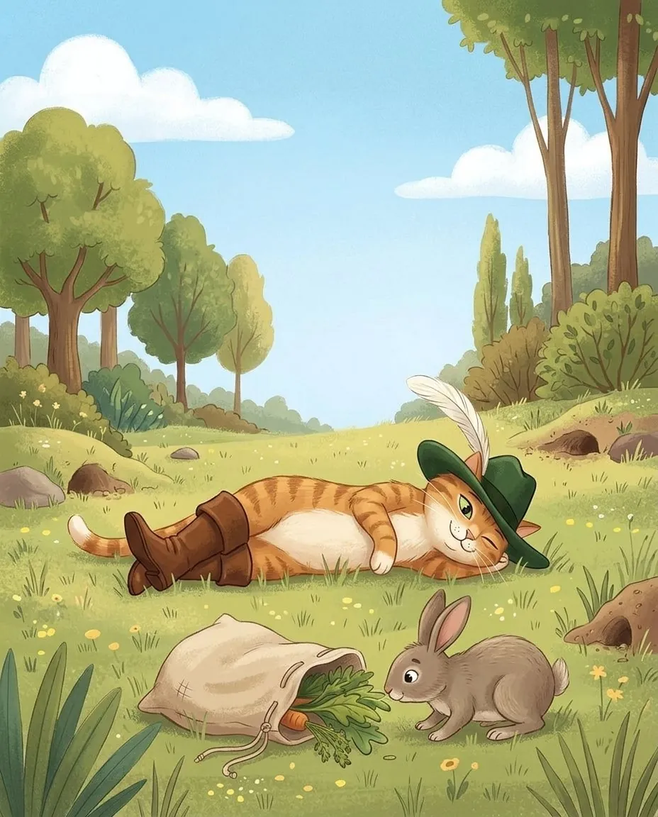 Le chat en bottes et en chapeau est couché dans l'herbe à côté d'un sac ouvert, et un lapin sort la tête des buissons