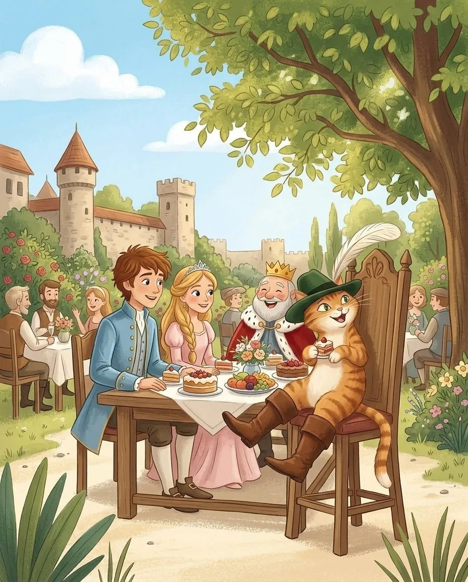 Le roi, la princesse et le marquis sont assis à une table bien garnie dans le jardin du château, et le chat botté, fier, mange un gâteau sur une haute chaise