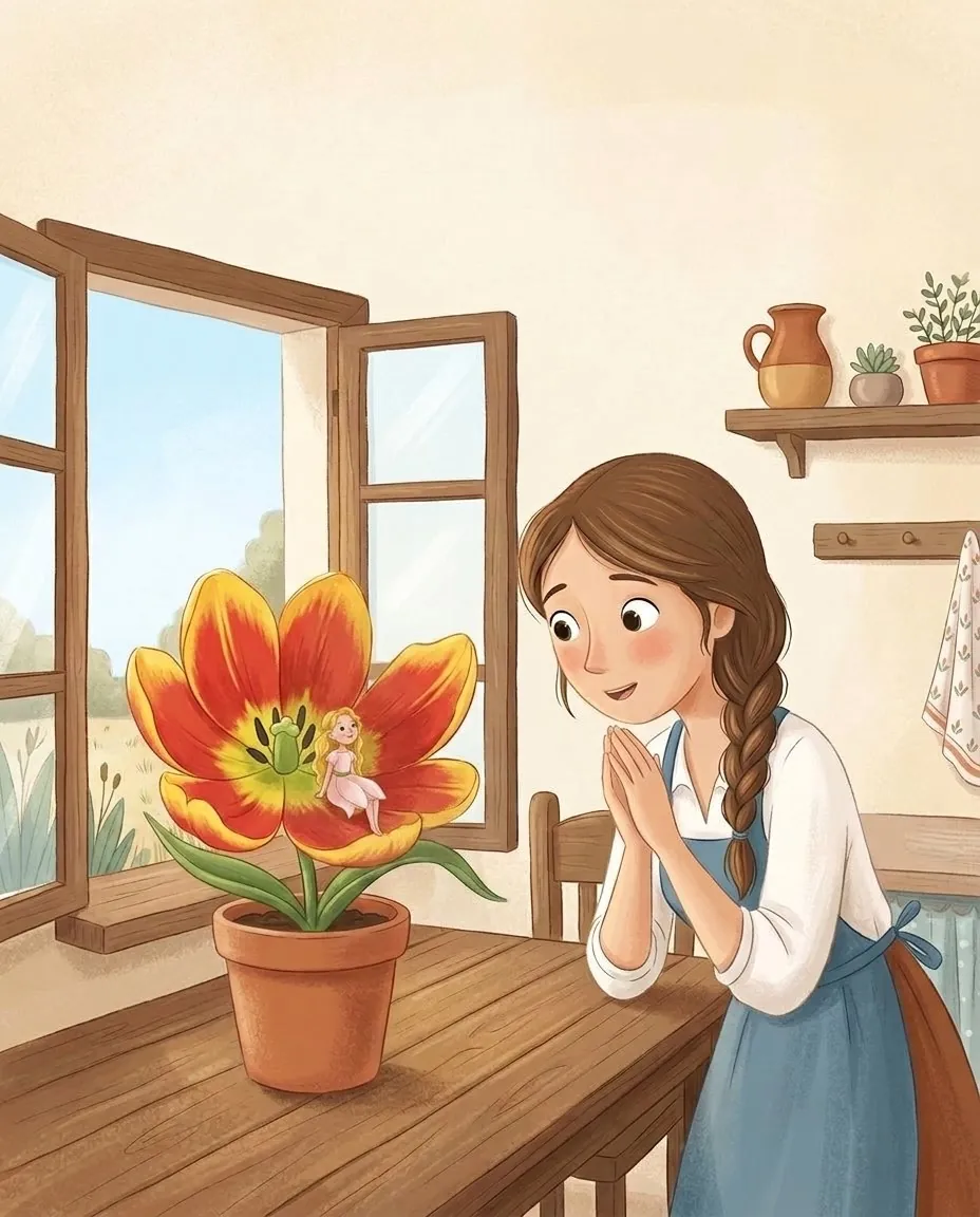 Une femme se penche, émerveillée, sur une tulipe ouverte où est assise une toute petite fille