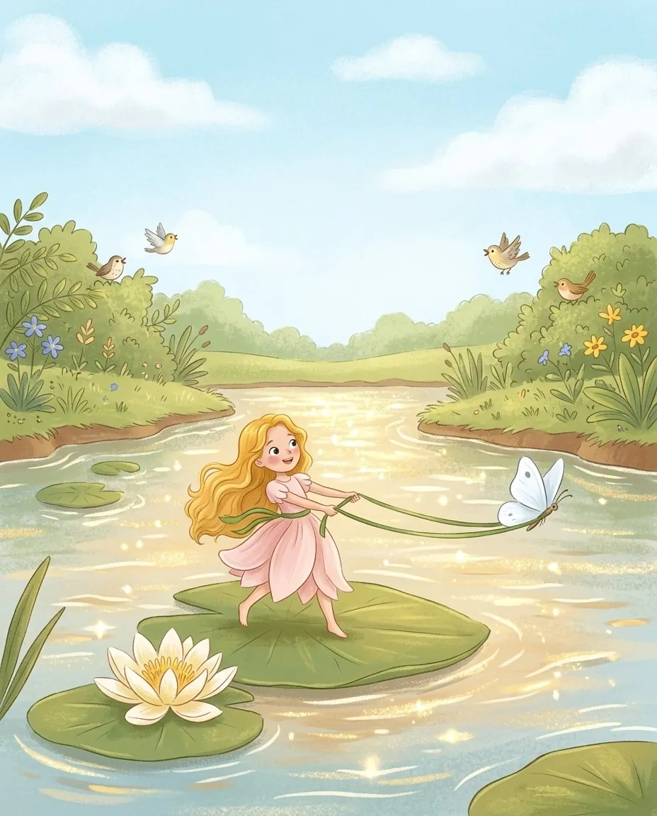 Poucette descend la rivière sur une feuille de nénuphar tirée par un papillon blanc