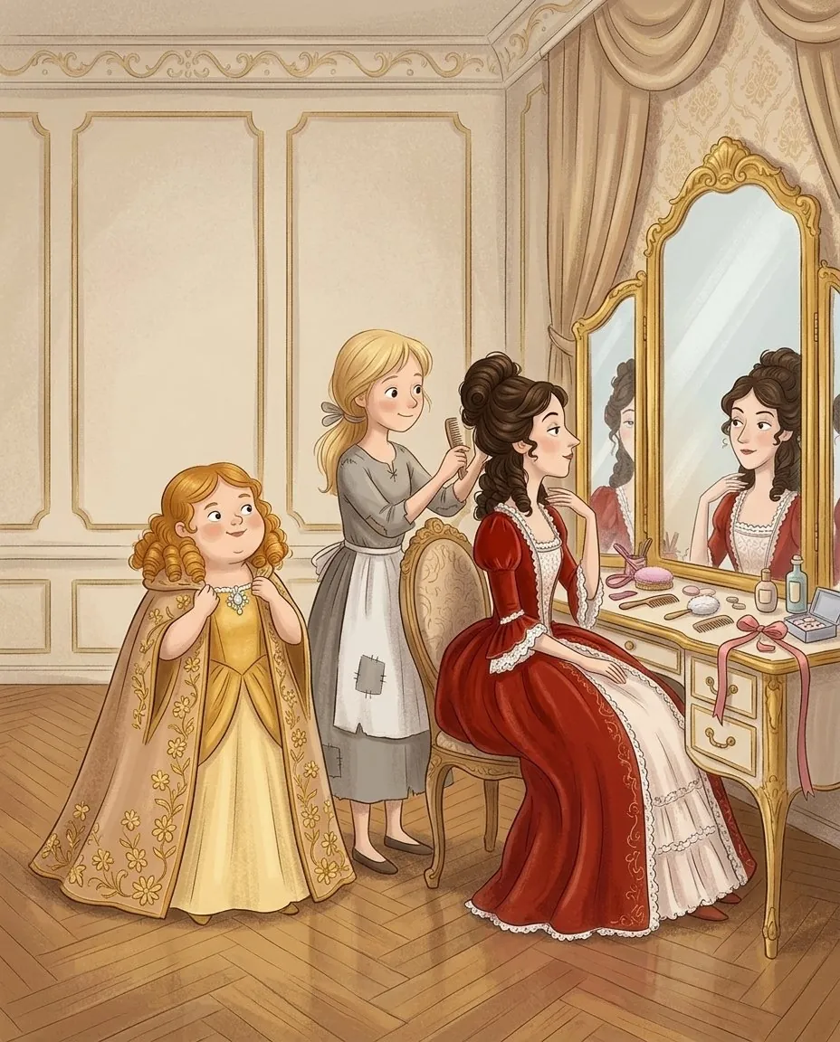 Devant un grand miroir, Cendrillon coiffe l'aînée en robe de velours rouge, pendant que Javotte admire son manteau à fleurs d'or