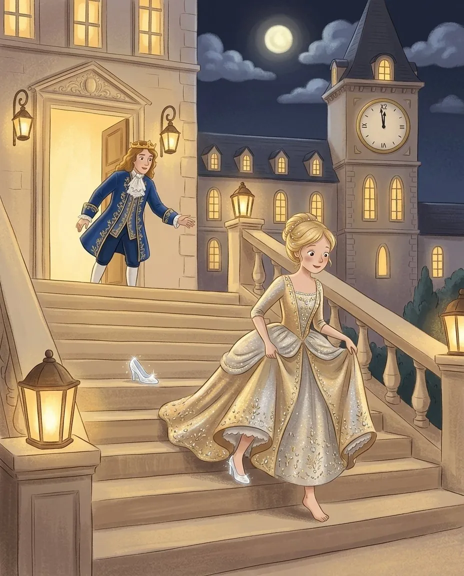 Cendrillon s'enfuit dans l'escalier du palais pendant que l'horloge marque presque minuit, et une pantoufle de verre est restée sur une marche