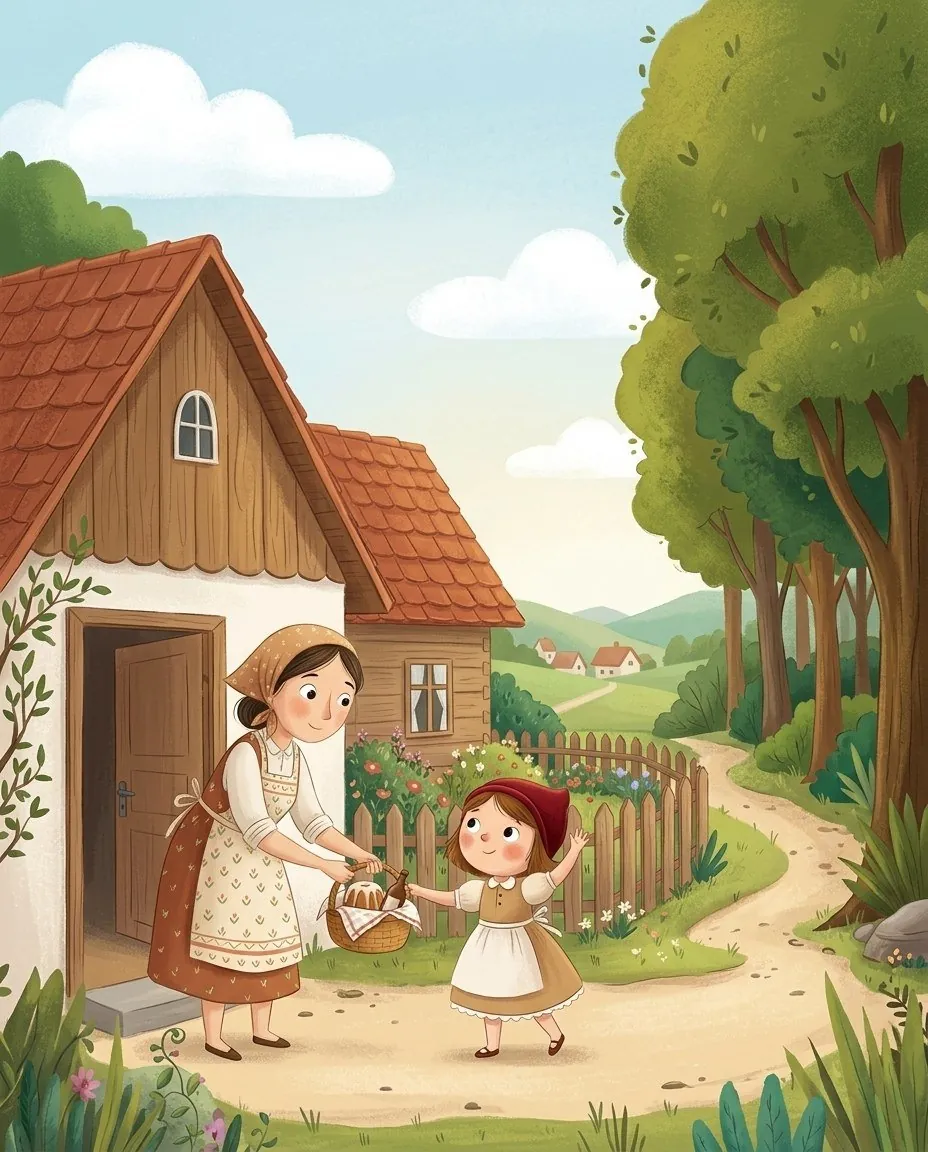 Une fillette au chaperon rouge, un panier au bras, dit au revoir à sa mère devant la maison au bord du village