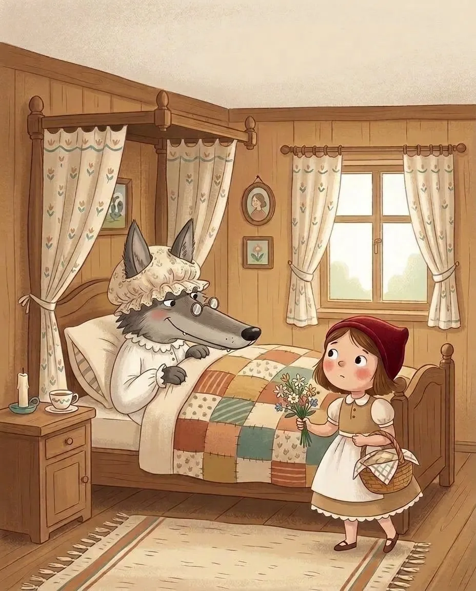 Le loup est couché dans le lit avec le bonnet de la grand-mère, et la fillette le regarde, étonnée