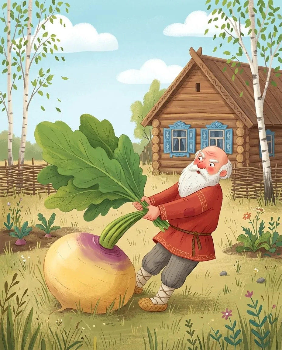 Dans le potager, le grand-père tire à deux mains sur les feuilles d'un navet géant
