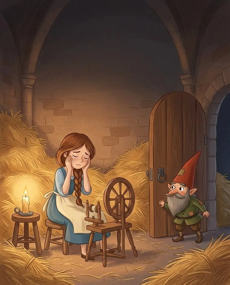 La fille du meunier pleure près du rouet dans une chambre pleine de paille, et un petit bonhomme regarde par la porte