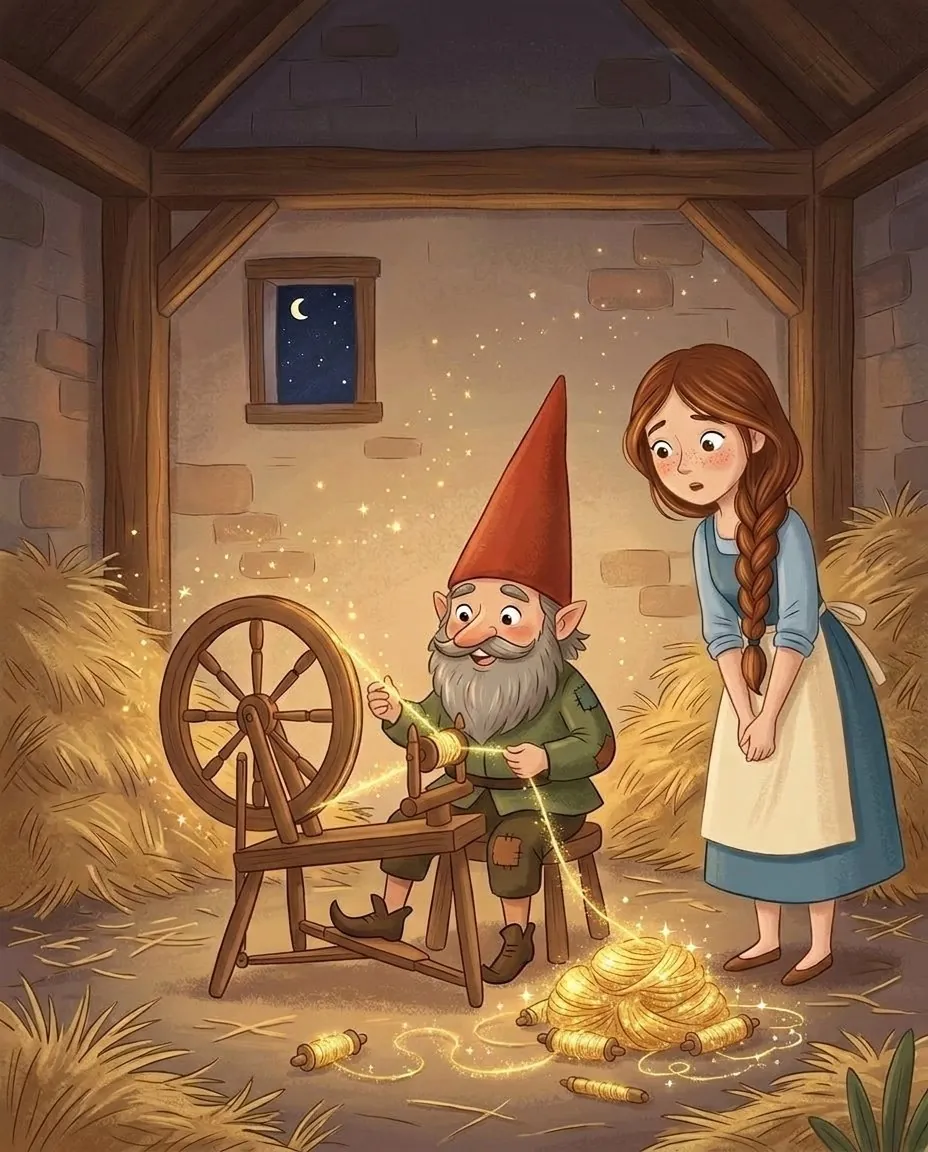 Le petit bonhomme est assis au rouet et file de l'or brillant, entouré de bobines pleines qui scintillent