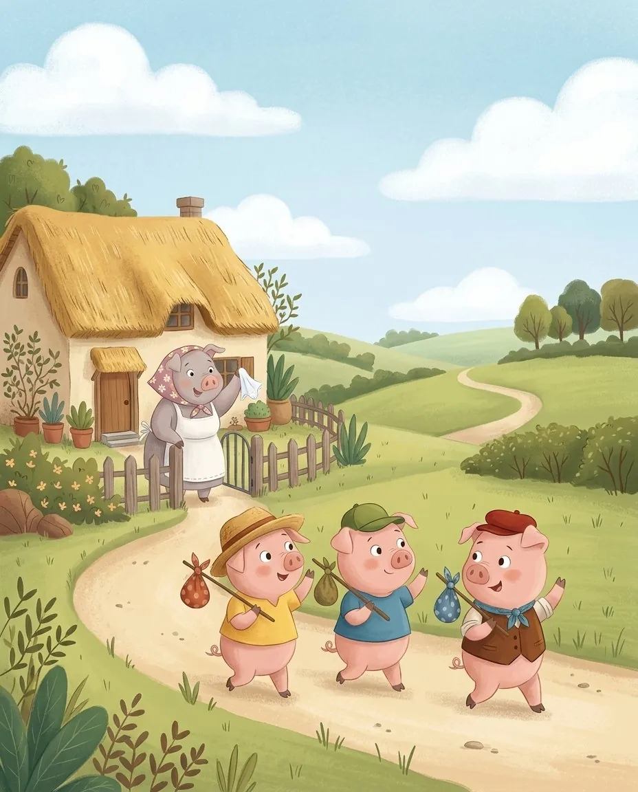Devant sa cabane, la maman truie fait signe de la main à trois petits cochons qui s'en vont sur le chemin avec leurs baluchons