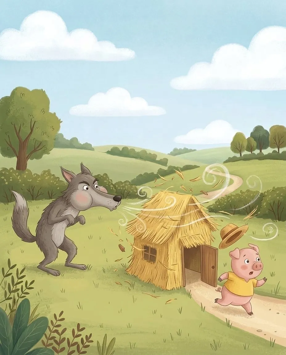Le loup, les joues gonflées, souffle sur la maison de paille, et le petit cochon s'enfuit par la petite porte de derrière