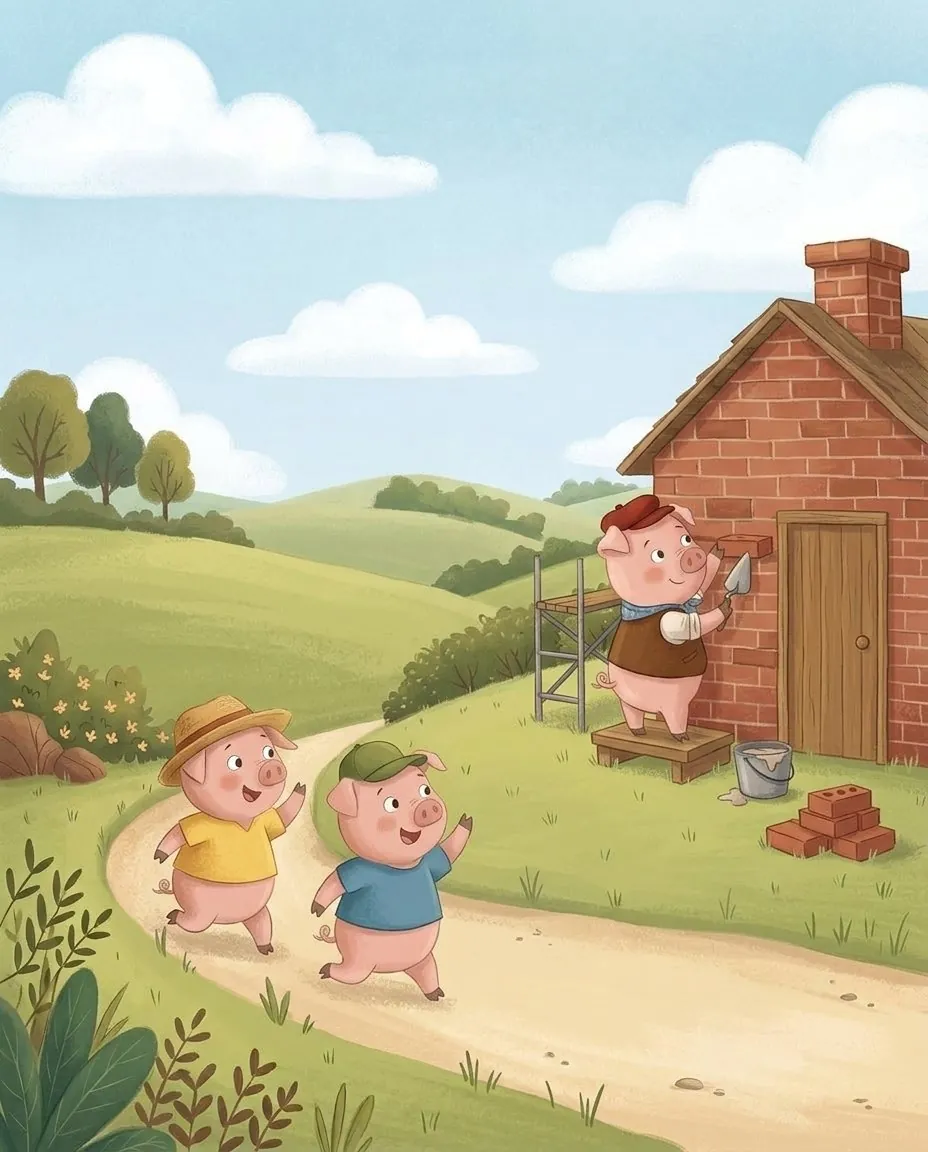 Le troisième petit cochon construit une solide maison de briques rouges, et ses deux frères accourent vers lui
