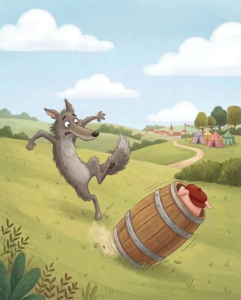 Le petit cochon dévale la colline dans une baratte en bois, et le loup effrayé fait un bond de côté