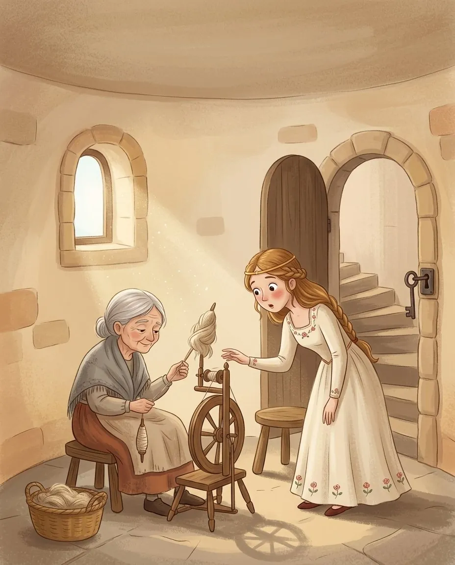 Dans la petite chambre de la tour, la fille du roi regarde avec curiosité une vieille femme qui file