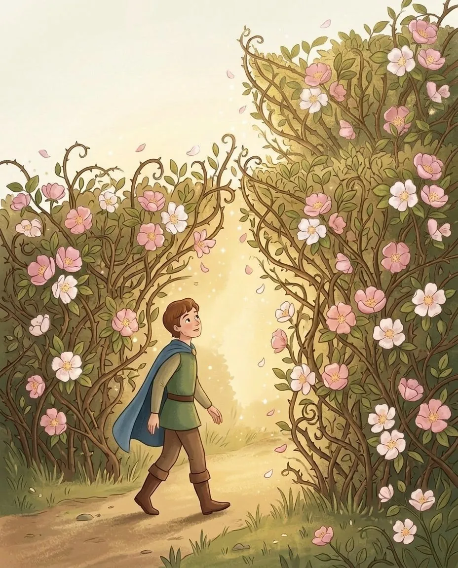 Le fils du roi traverse la haie d'épines, qui fleurit et s'ouvre devant lui