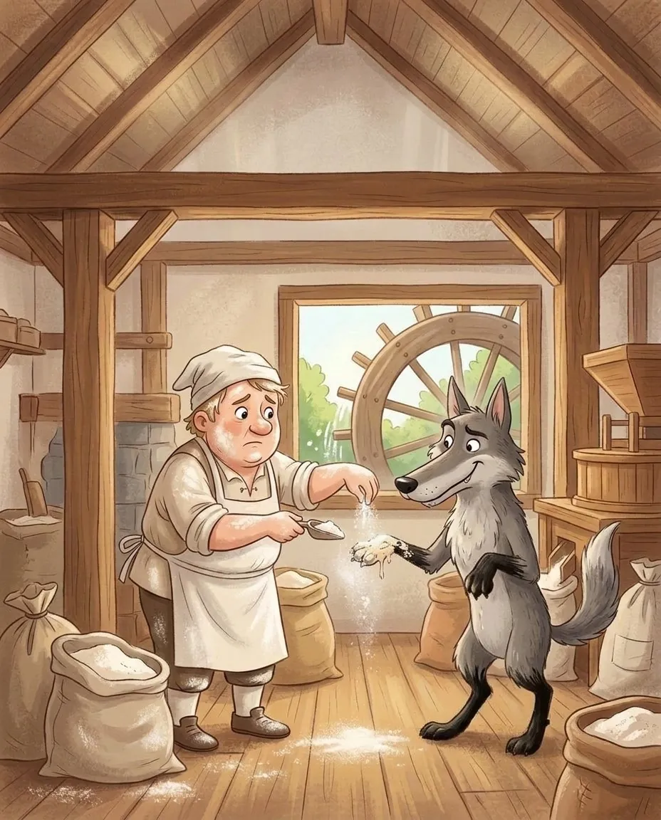 Le meunier, tout effrayé, saupoudre de farine blanche la patte du loup