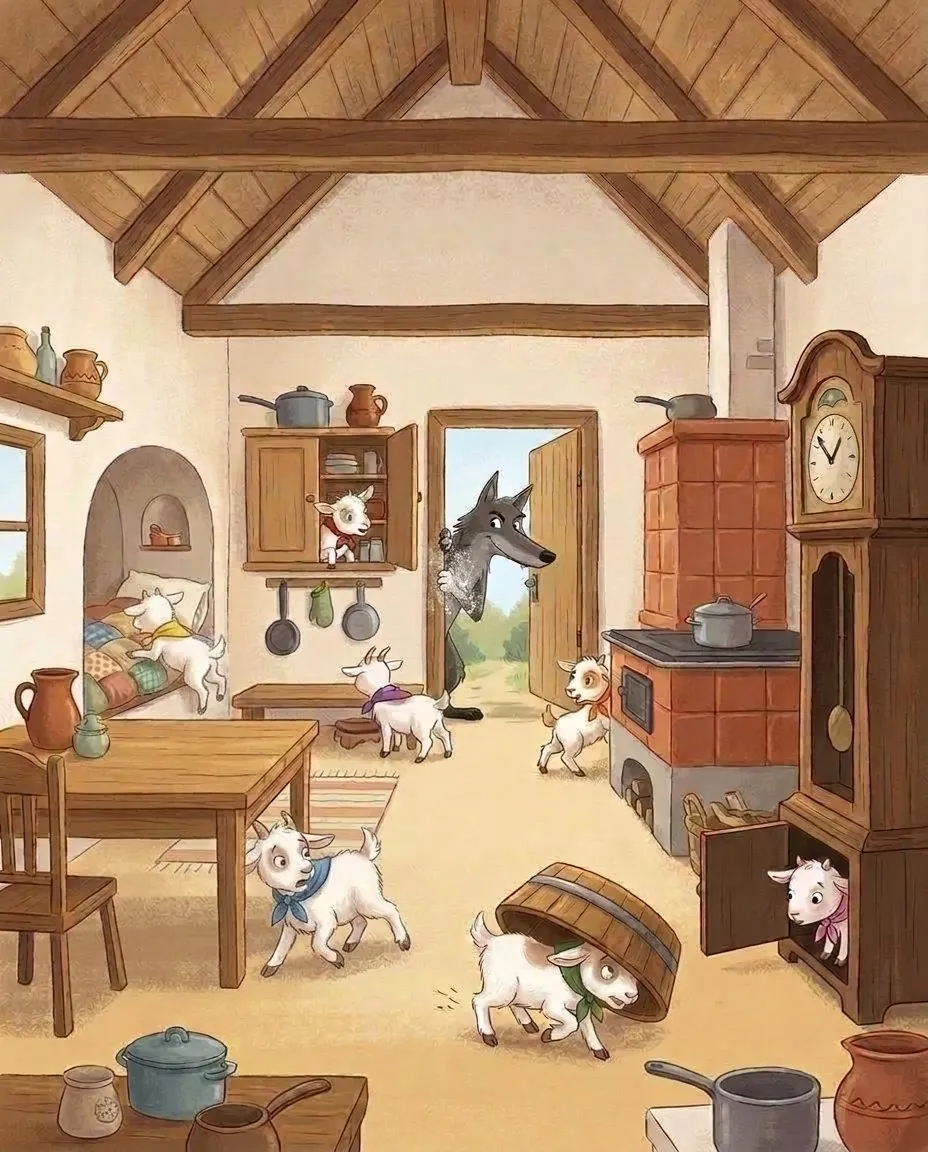 Les chevreaux se cachent dans la pièce, sous la table, dans l'armoire et dans la grande horloge
