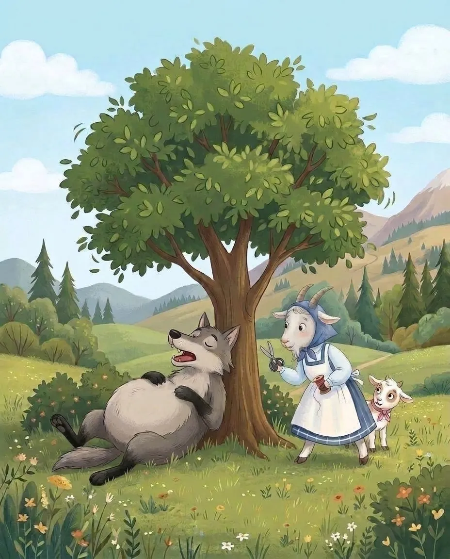 La chèvre et le plus jeune chevreau regardent le loup qui ronfle sous un arbre, dans le pré
