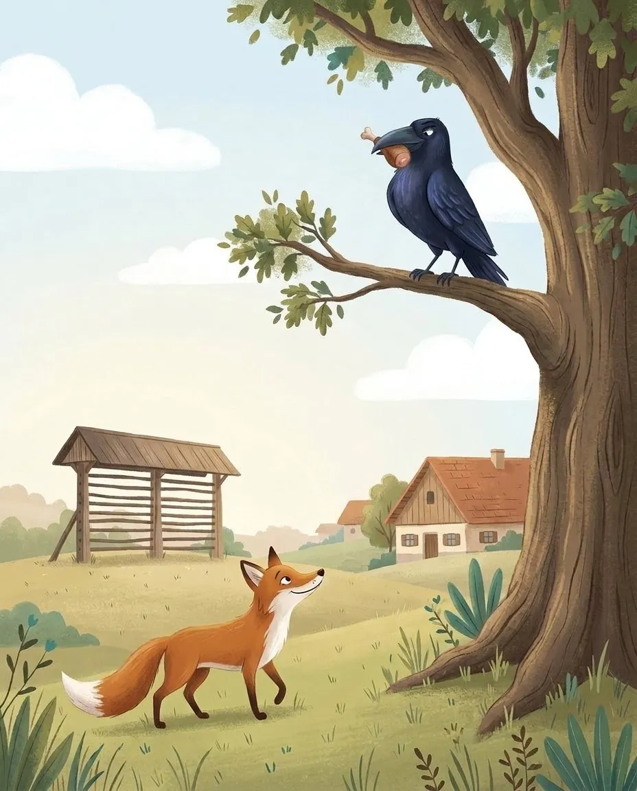 Un corbeau noir, un morceau de viande dans le bec, est fièrement perché sur la branche d'un grand arbre