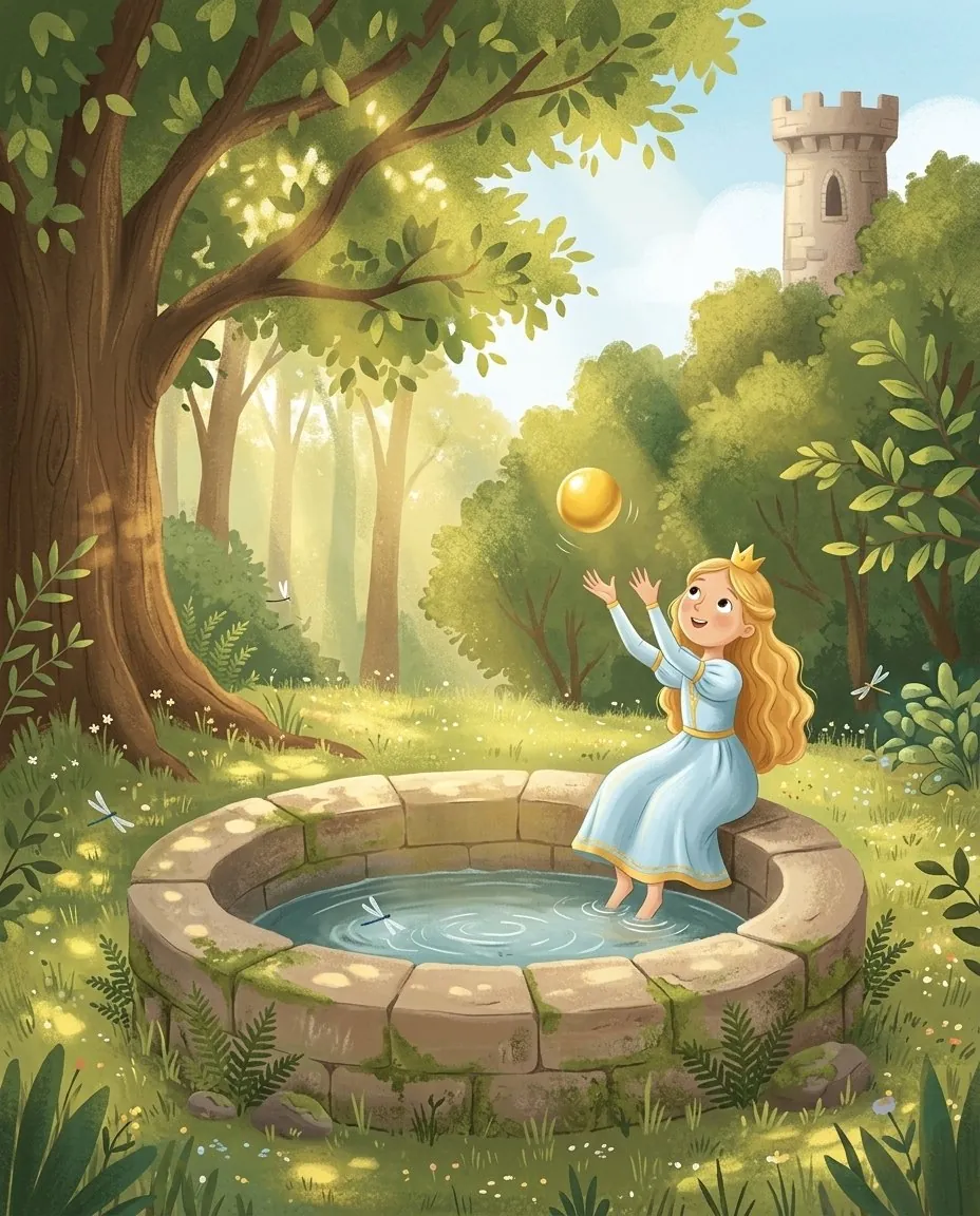 La princesse est assise au bord de la fontaine sous le vieux tilleul et lance une balle d'or en l'air