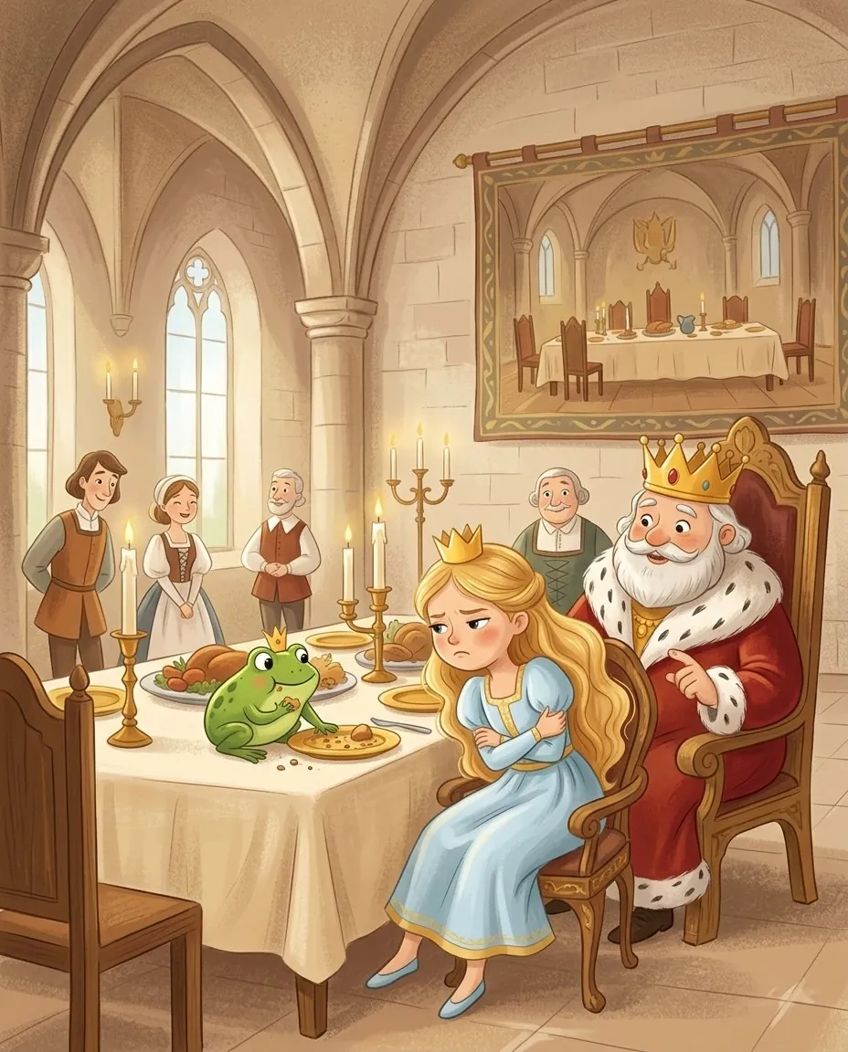 La grenouille est assise sur la table et mange dans la petite assiette d'or de la princesse, sous le regard bienveillant du roi