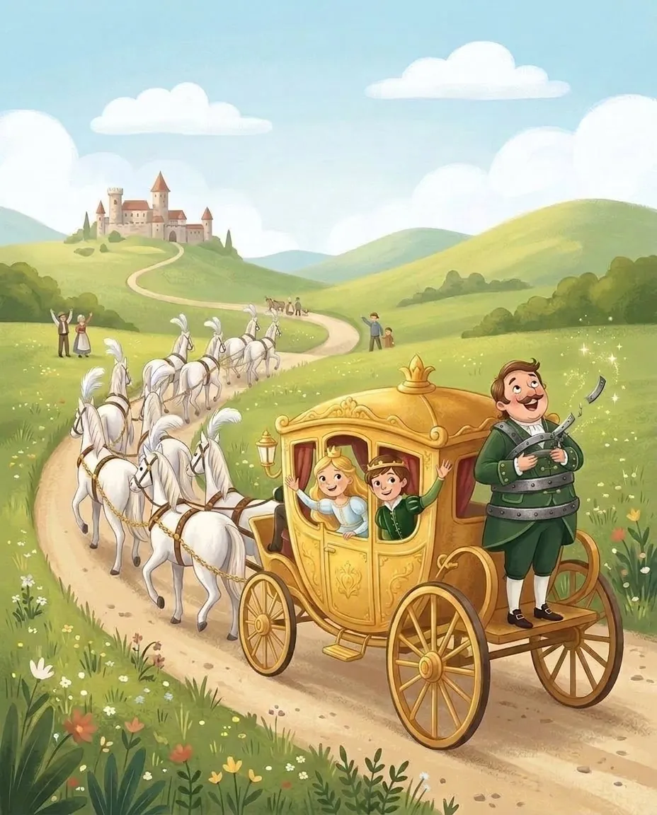 Un carrosse tiré par huit chevaux blancs roule sur la route, et à l'arrière se tient le joyeux serviteur Henri