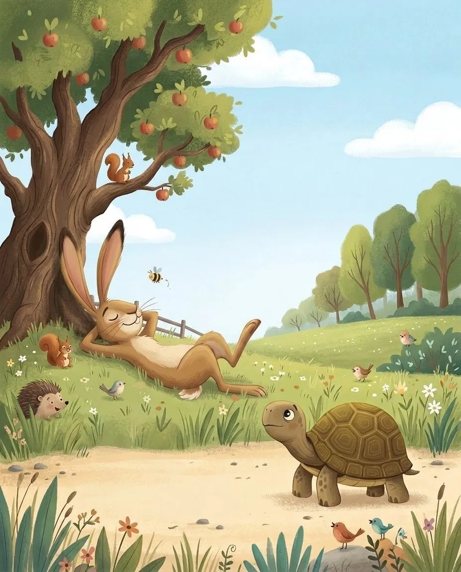 Le lièvre dort paisiblement sous un pommier, tandis que la tortue passe lentement à côté de lui